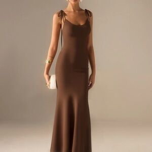Commense Brown Medium Satin Strappy Maxi Dress with Bow-Tied Back NWT$39